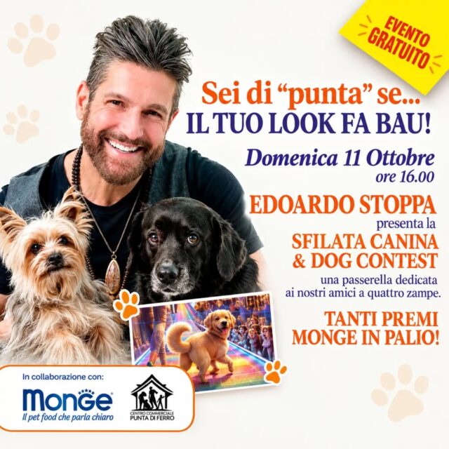 Oggi, DOMENICA 11 OTTOBRE, alle ore 16:00 🎉🐶

Ci vediamo al Centro Commerciale Puntadiferro per un pomeriggio speciale dedicato ai nostri amici a quattro zampe! 🐾 
Siamo felici di partecipare a questo bellissimo evento, presentato da Edoardo Stoppa! 😻🫶

🐕 Avete voglia di mettervi in gioco con il vostro pelosetto? Potrete partecipare alla sfilata oppure godervi lo spettacolo come spettatori! 🏆❤️

❤️ Noi saremo presenti con il nostro banchetto informativo e non vediamo l'ora di incontrarvi!

🤝 L'evento si svolge con il patrocinio del Comune di Forlì.

✨ Vi aspettiamo numerosi per condividere insieme un pomeriggio all'insegna degli amici a quattro zampe! 🐾🎉